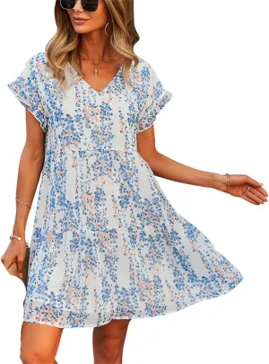 Andongnywell Women's Summer Wrap V Neck Bohemian Floral Print Ruffle Swing A Line Beach Mini Dress