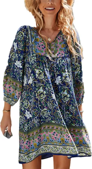 Andongnywell Women's Summer Wrap V Neck Bohemian Floral Print Ruffle Swing A Line Beach Mini Dress