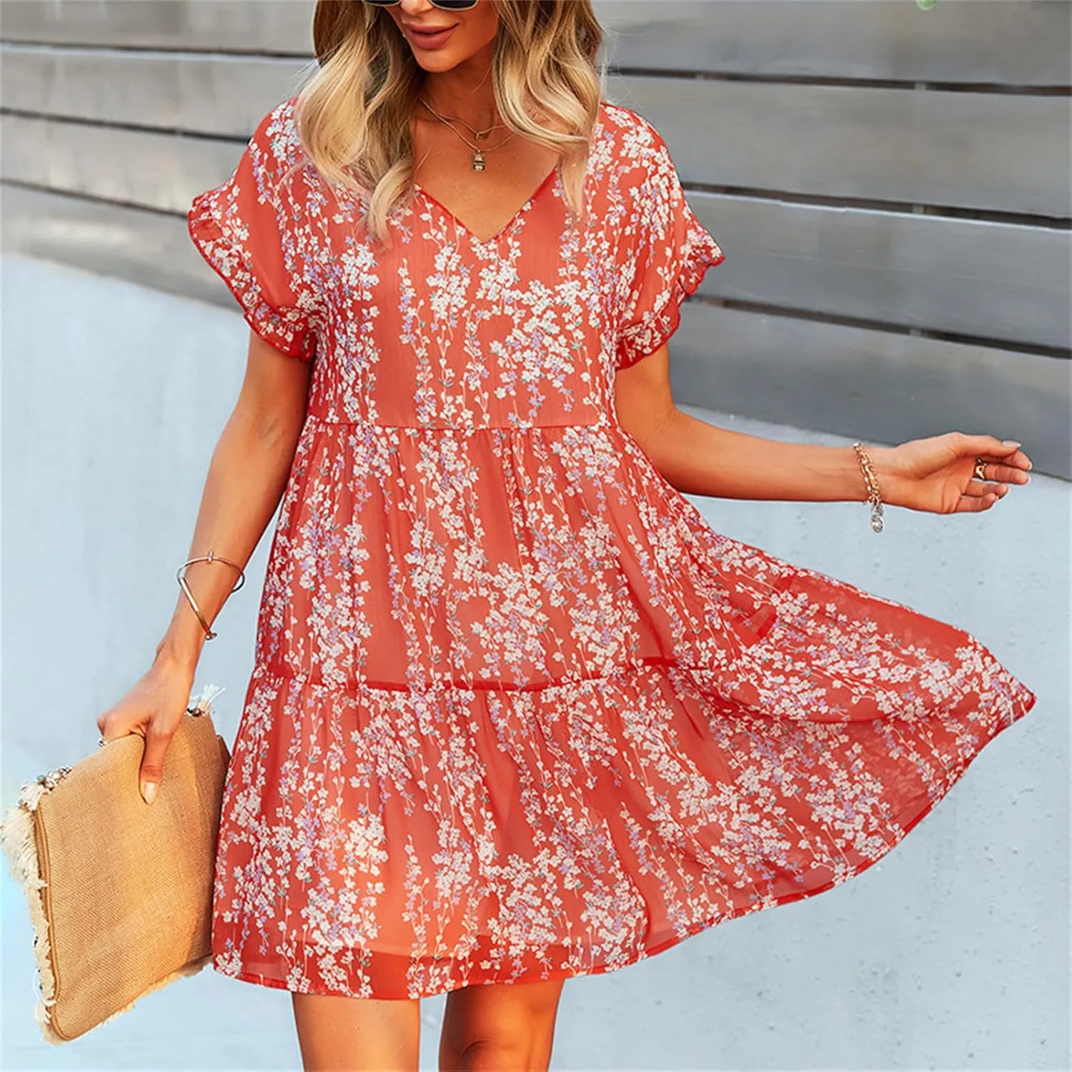 Andongnywell Women's Summer Wrap V Neck Bohemian Floral Print Ruffle Swing A Line Beach Mini Dress