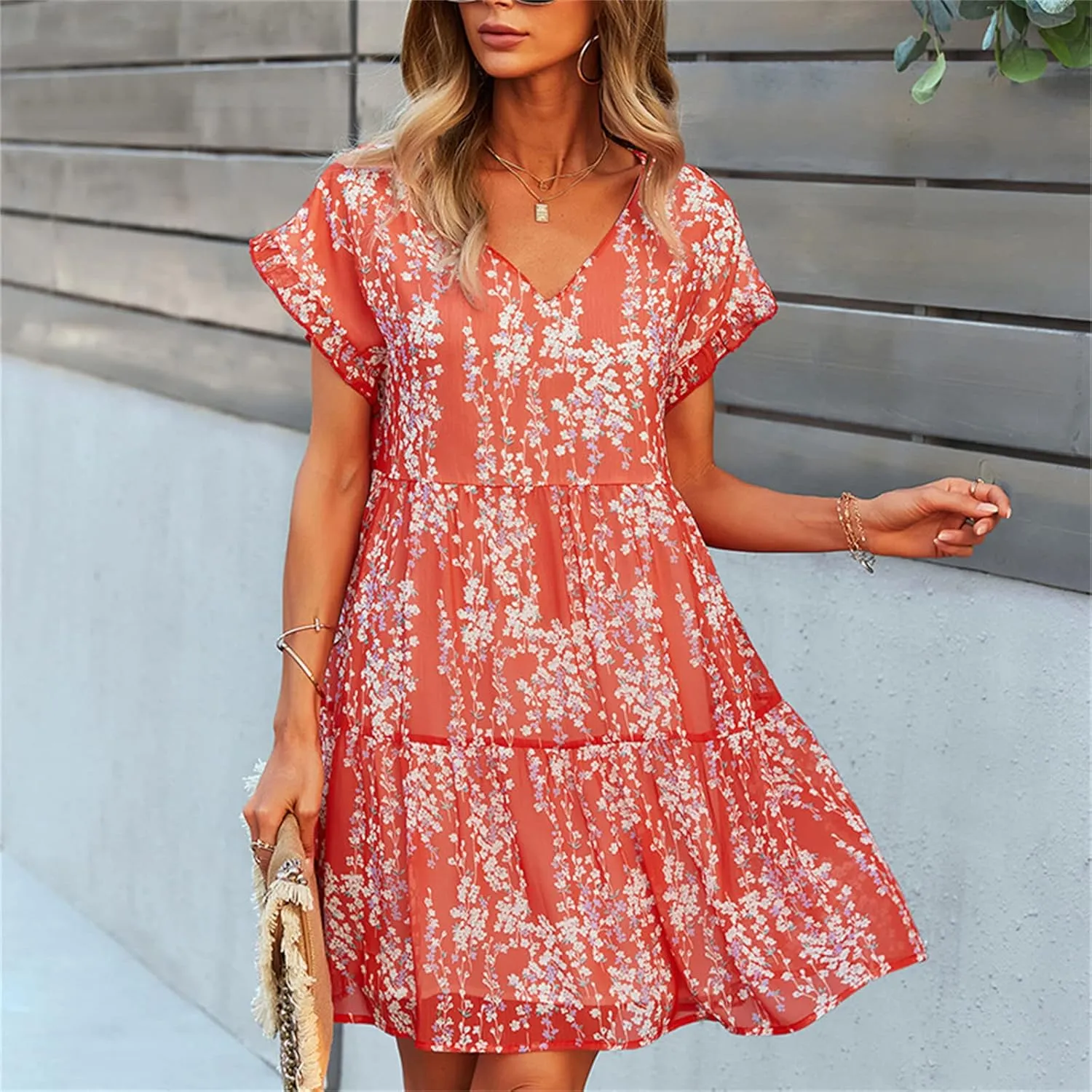 Andongnywell Women's Summer Wrap V Neck Bohemian Floral Print Ruffle Swing A Line Beach Mini Dress