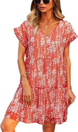 Andongnywell Women's Summer Wrap V Neck Bohemian Floral Print Ruffle Swing A Line Beach Mini Dress