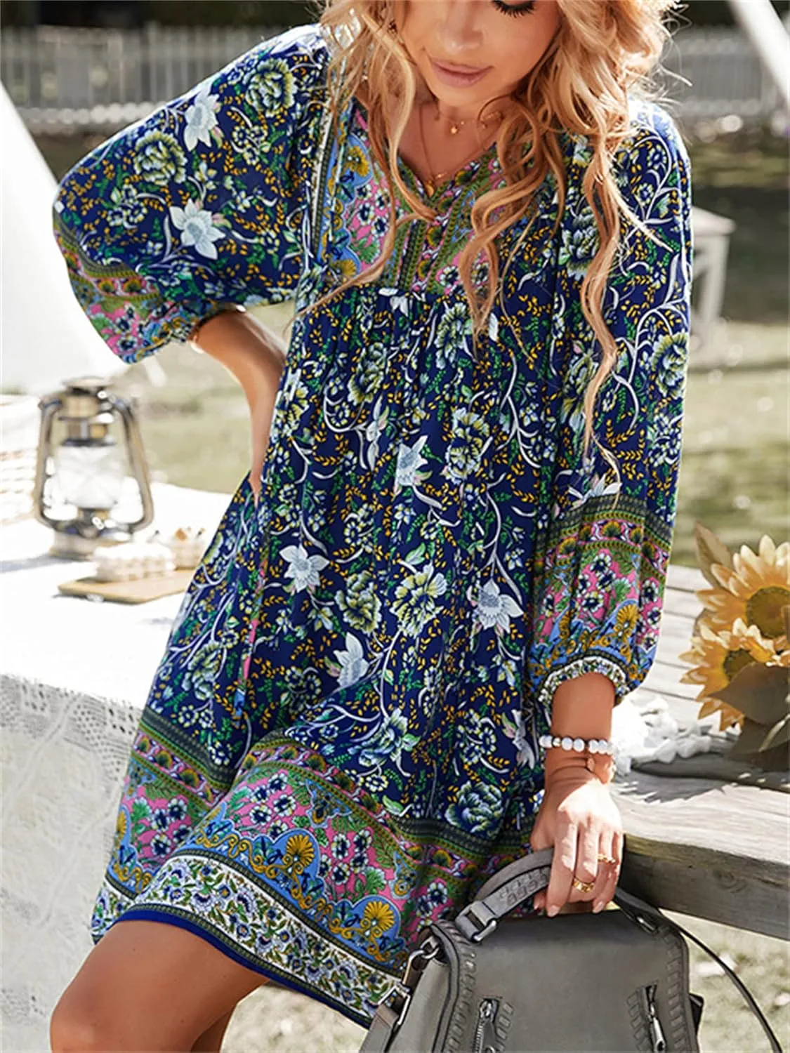 Andongnywell Women's Summer Wrap V Neck Bohemian Floral Print Ruffle Swing A Line Beach Mini Dress