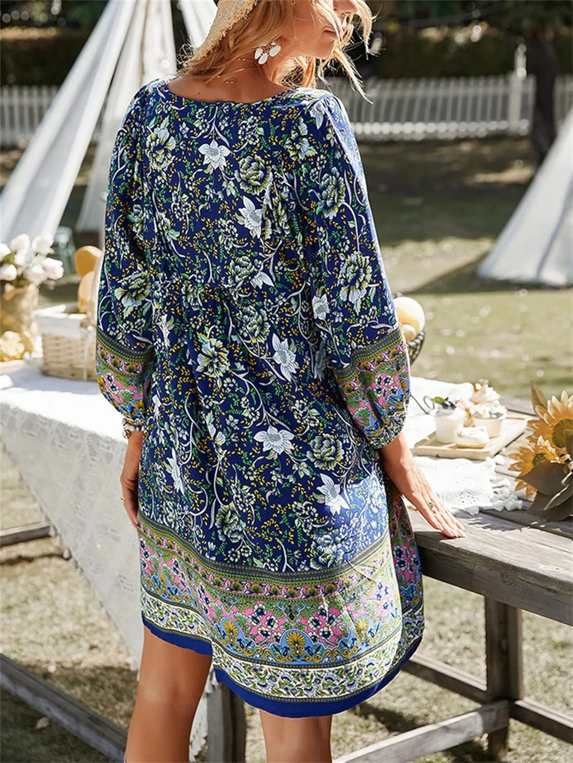 Andongnywell Women's Summer Wrap V Neck Bohemian Floral Print Ruffle Swing A Line Beach Mini Dress