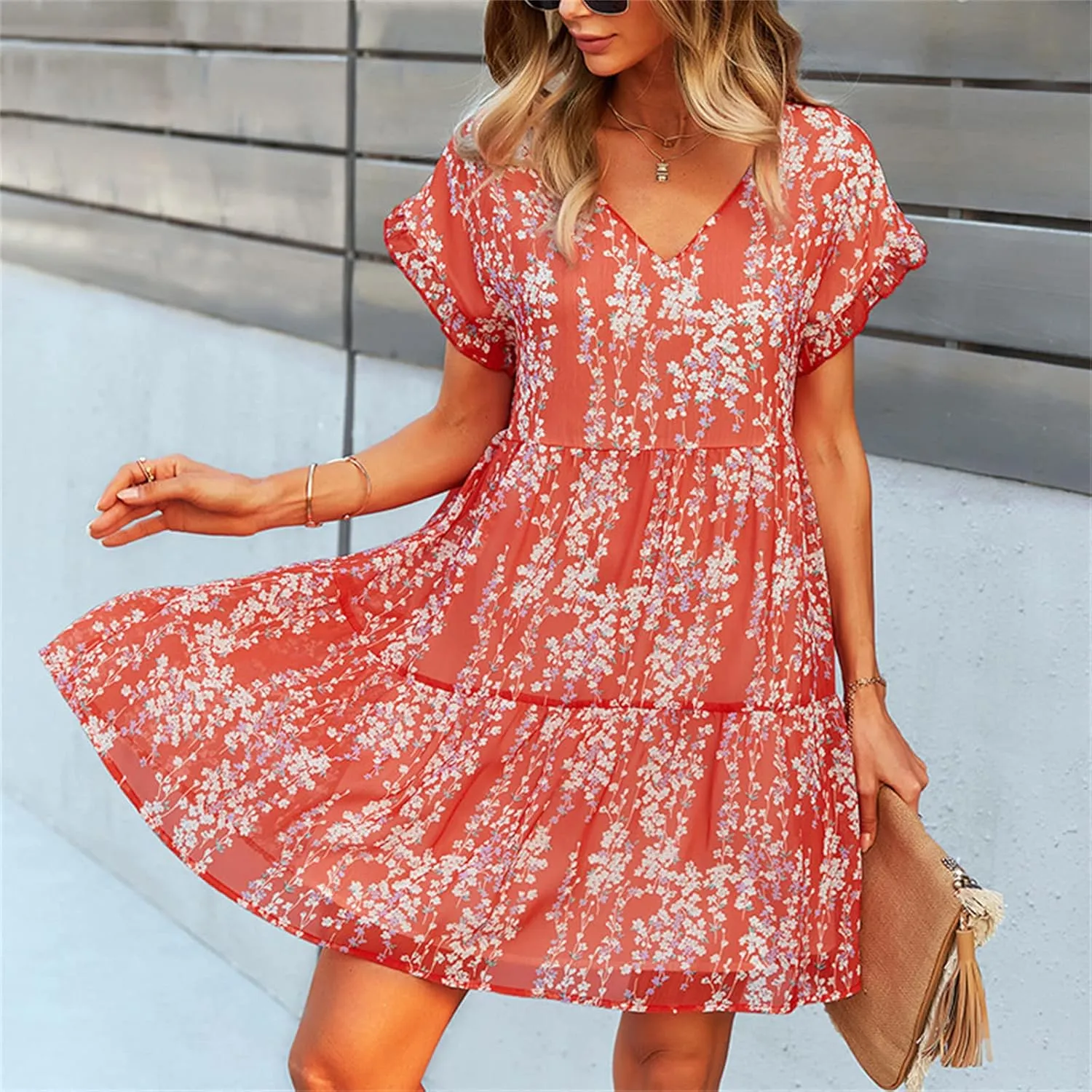 Andongnywell Women's Summer Wrap V Neck Bohemian Floral Print Ruffle Swing A Line Beach Mini Dress