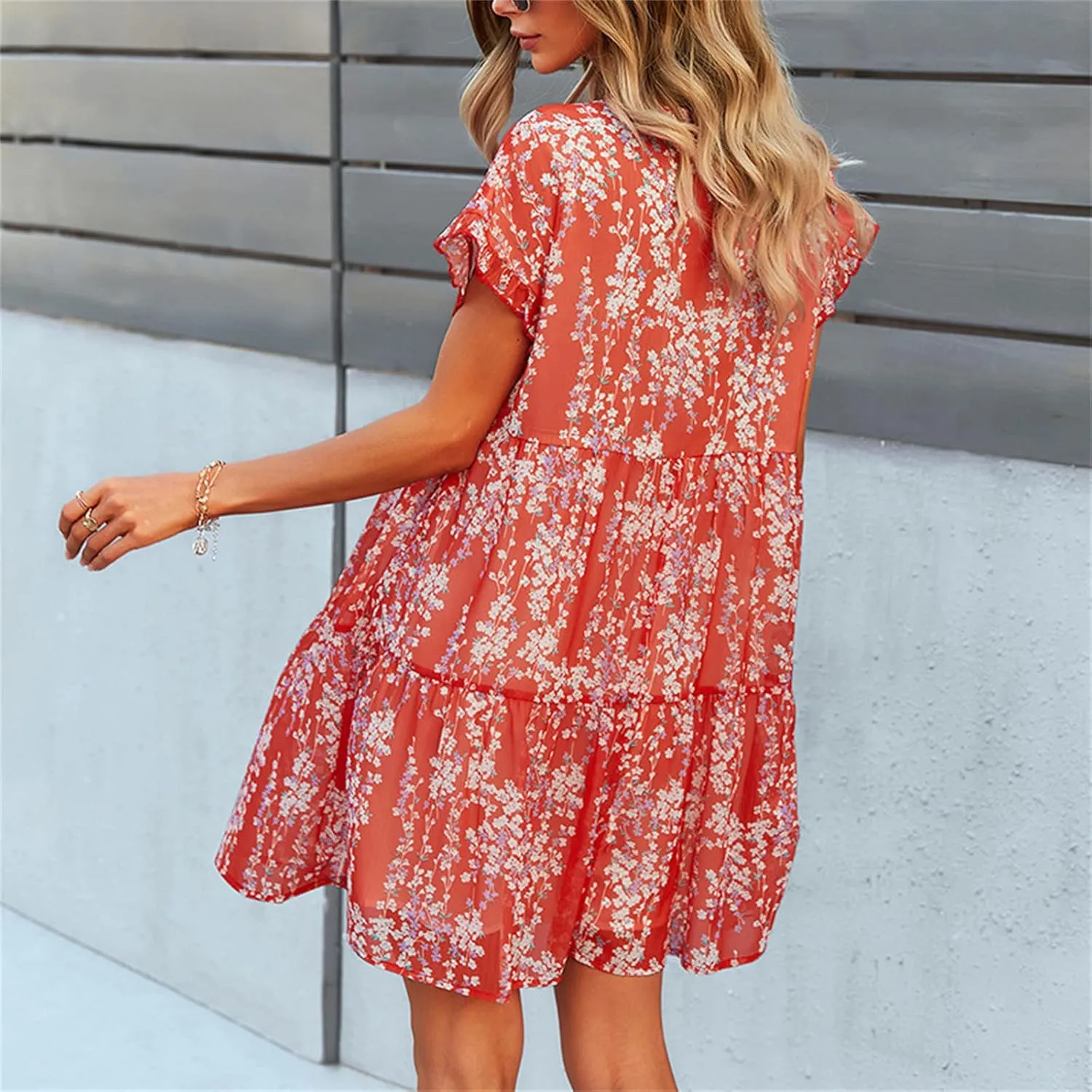Andongnywell Women's Summer Wrap V Neck Bohemian Floral Print Ruffle Swing A Line Beach Mini Dress