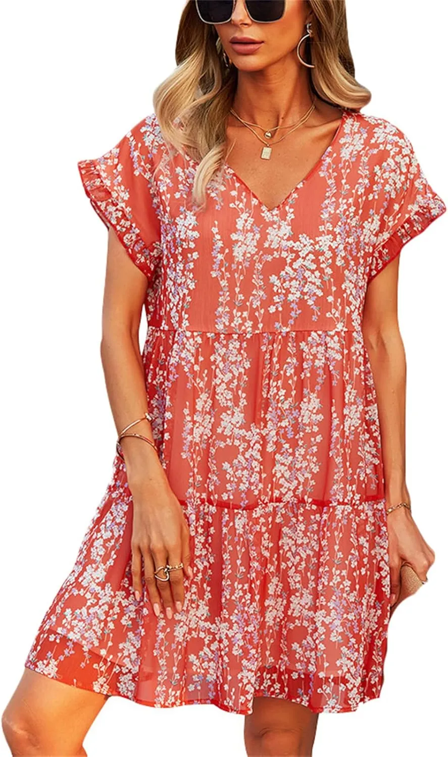 Andongnywell Women's Summer Wrap V Neck Bohemian Floral Print Ruffle Swing A Line Beach Mini Dress