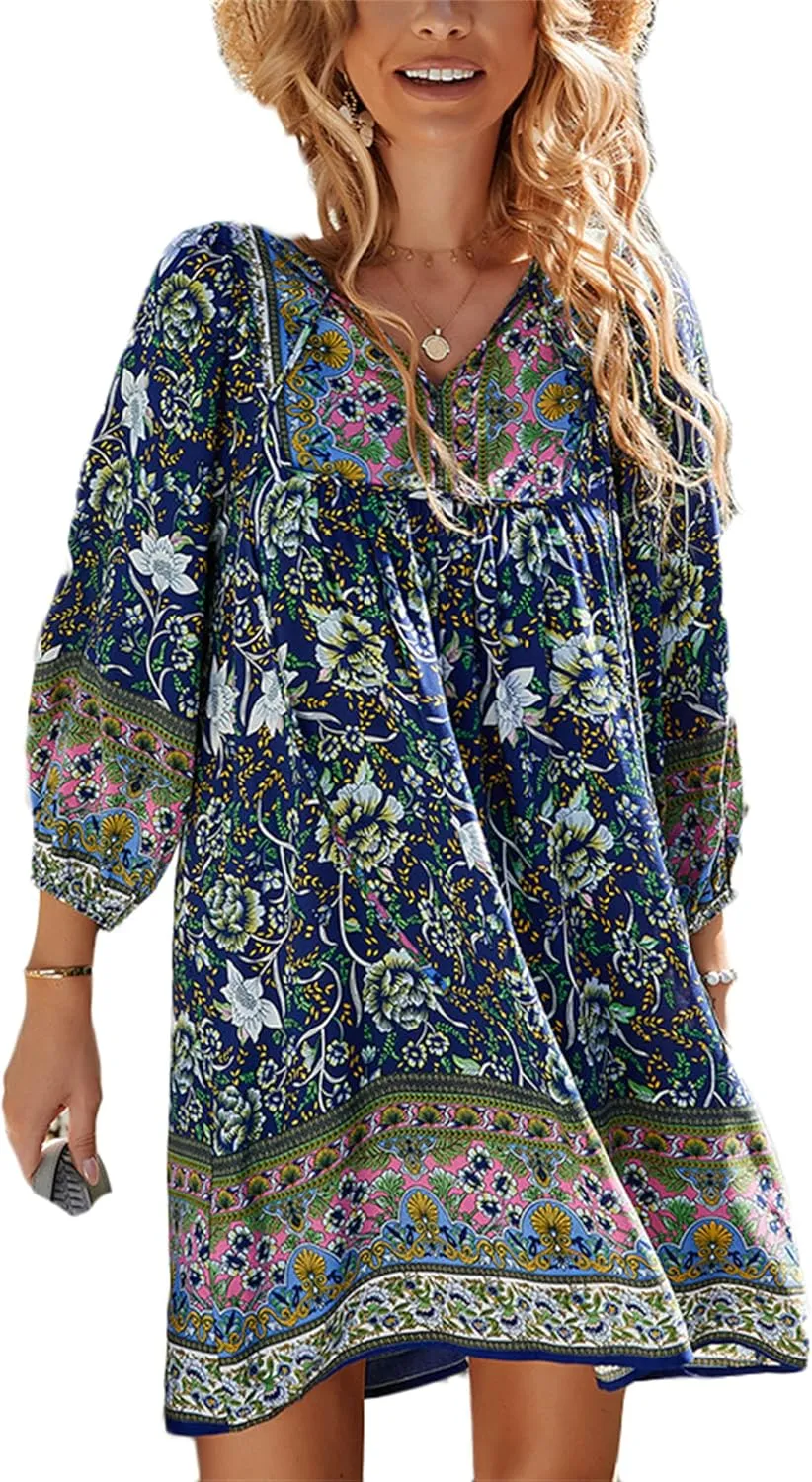 Andongnywell Women's Summer Wrap V Neck Bohemian Floral Print Ruffle Swing A Line Beach Mini Dress