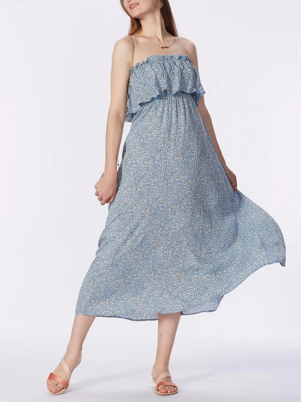 Anna-Kaci Women Ruffle Maxi Dress Boho Strapless Floral Tube Top Casual Summer Beach Dresses (S-XL)