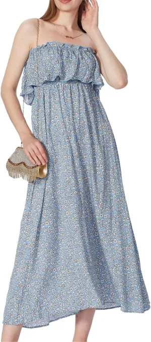 Anna-Kaci Women Ruffle Maxi Dress Boho Strapless Floral Tube Top Casual Summer Beach Dresses (S-XL)