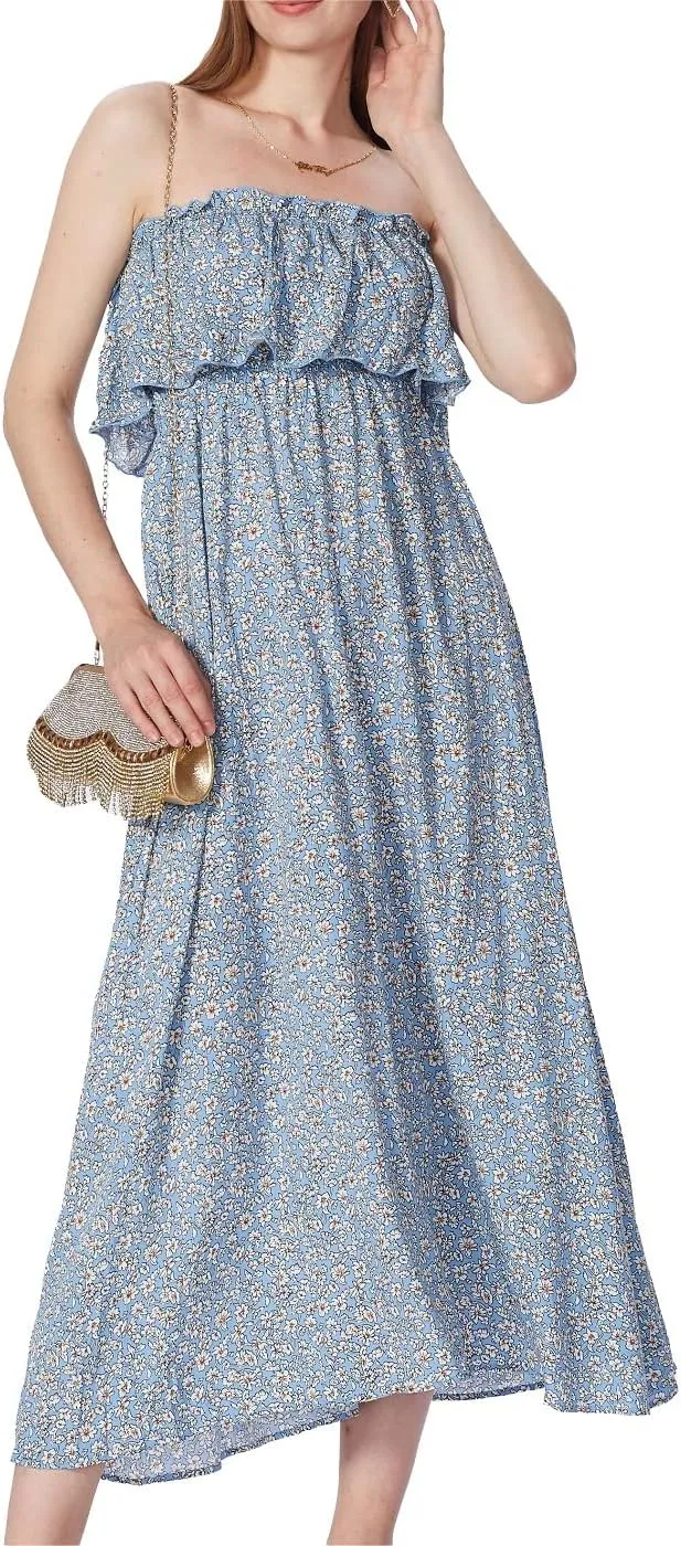Anna-Kaci Women Ruffle Maxi Dress Boho Strapless Floral Tube Top Casual Summer Beach Dresses (S-XL)