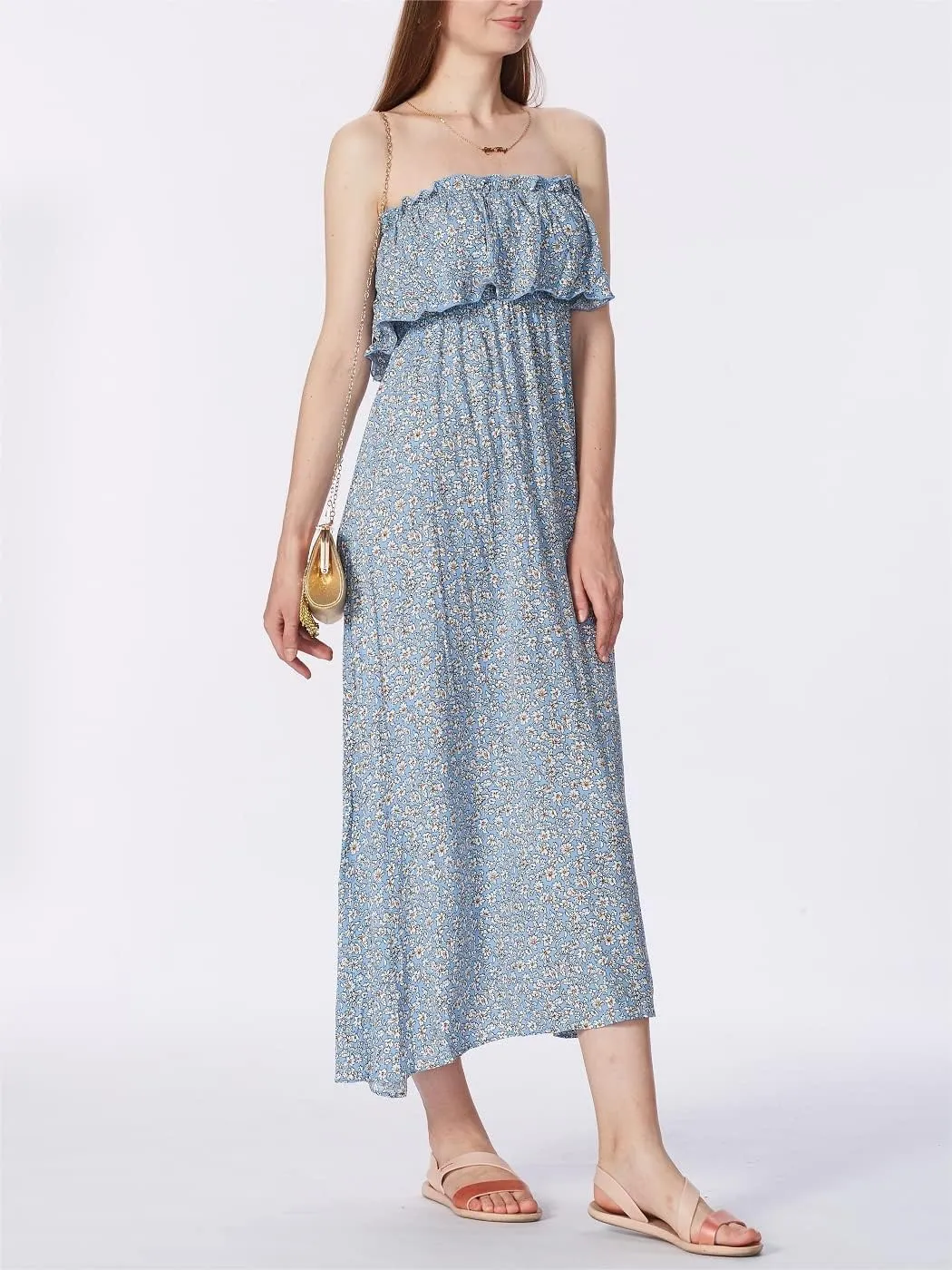 Anna-Kaci Women Ruffle Maxi Dress Boho Strapless Floral Tube Top Casual Summer Beach Dresses (S-XL)