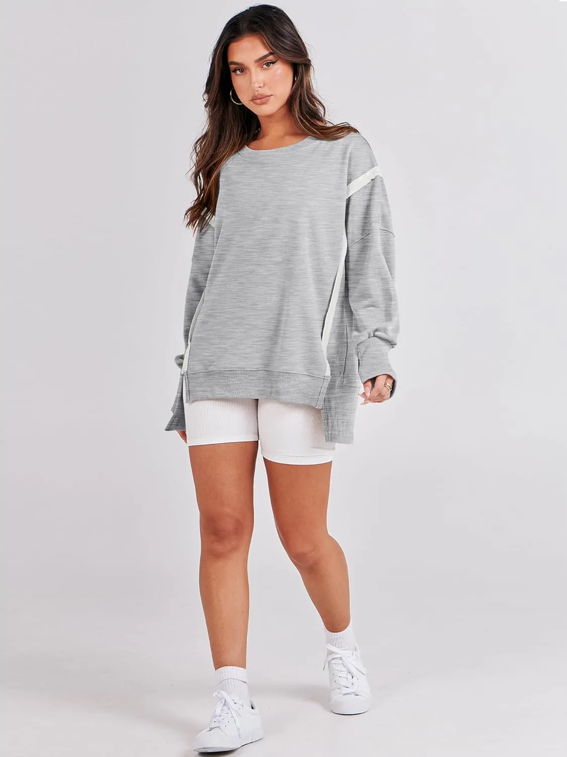 ANRABESS Women's Oversized Sweatshirts Crew Neck Long Sleeve Shirts Casual Loose Slit 2025 Fall Clothes