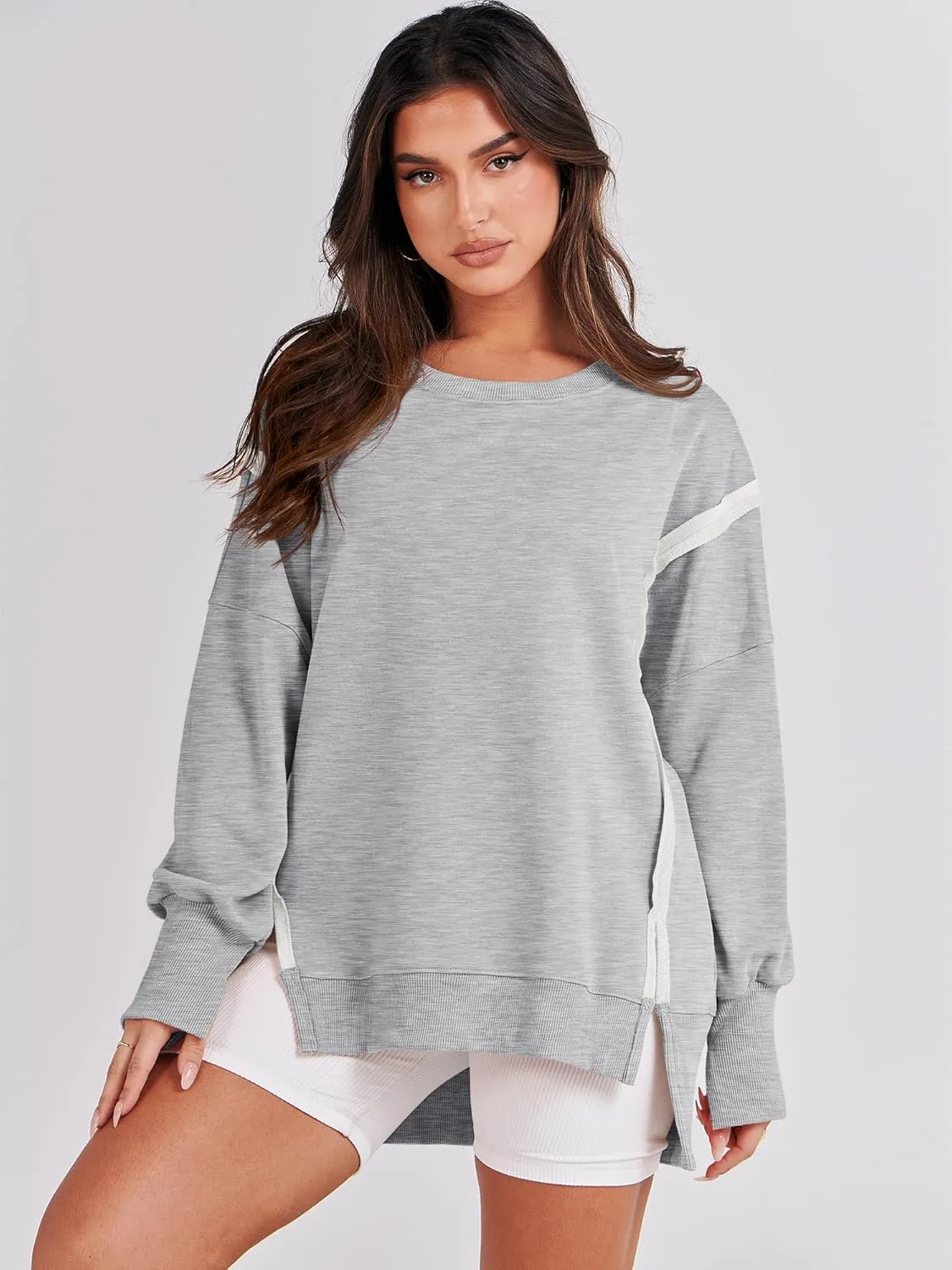 ANRABESS Women's Oversized Sweatshirts Crew Neck Long Sleeve Shirts Casual Loose Slit 2025 Fall Clothes