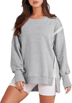 ANRABESS Women's Oversized Sweatshirts Crew Neck Long Sleeve Shirts Casual Loose Slit 2025 Fall Clothes