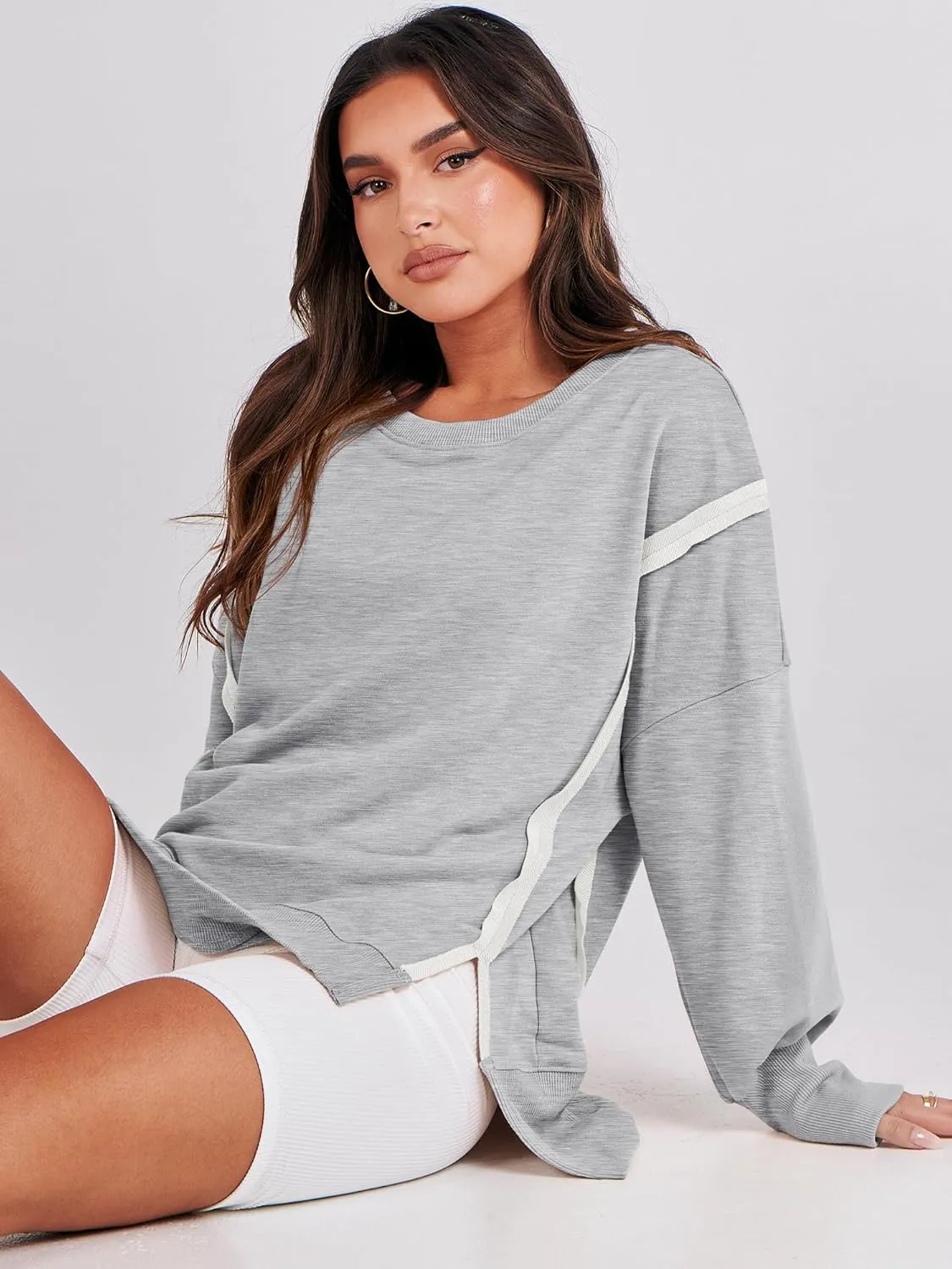 ANRABESS Women's Oversized Sweatshirts Crew Neck Long Sleeve Shirts Casual Loose Slit 2025 Fall Clothes