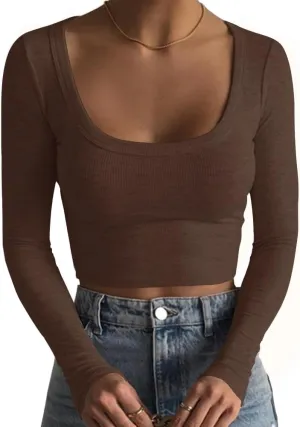 Artfish Women's Square Neck Long Sleeve Ribbed Slim Fitted Casual Basic Crop Top