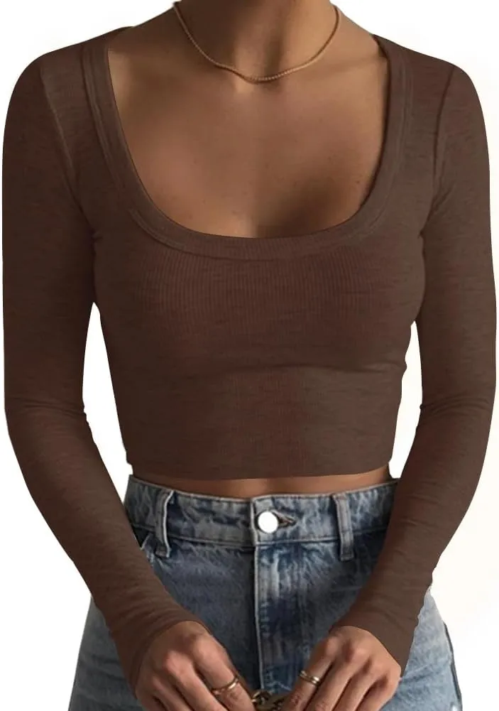 Artfish Women's Square Neck Long Sleeve Ribbed Slim Fitted Casual Basic Crop Top
