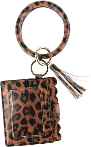 Bangle Keychain Keyring Bracelet Women Round Tassel Faux Leather Key Ring With Wallet Purse Wristlet Card Holder