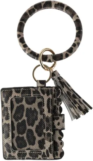 Bangle Keychain Keyring Bracelet Women Round Tassel Faux Leather Key Ring With Wallet Purse Wristlet Card Holder