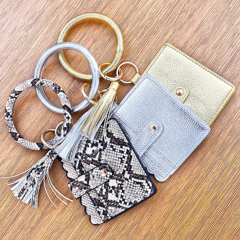 Bangle Keychain Keyring Bracelet Women Round Tassel Faux Leather Key Ring With Wallet Purse Wristlet Card Holder