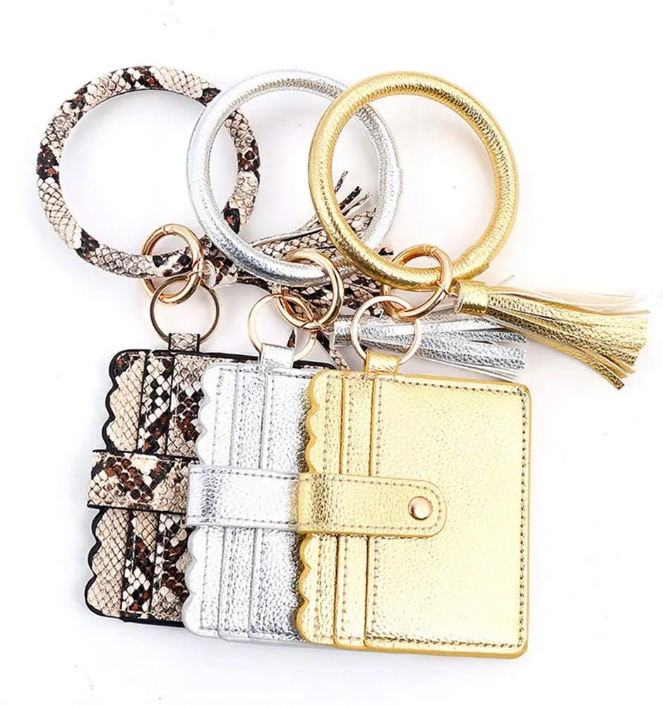 Bangle Keychain Keyring Bracelet Women Round Tassel Faux Leather Key Ring With Wallet Purse Wristlet Card Holder