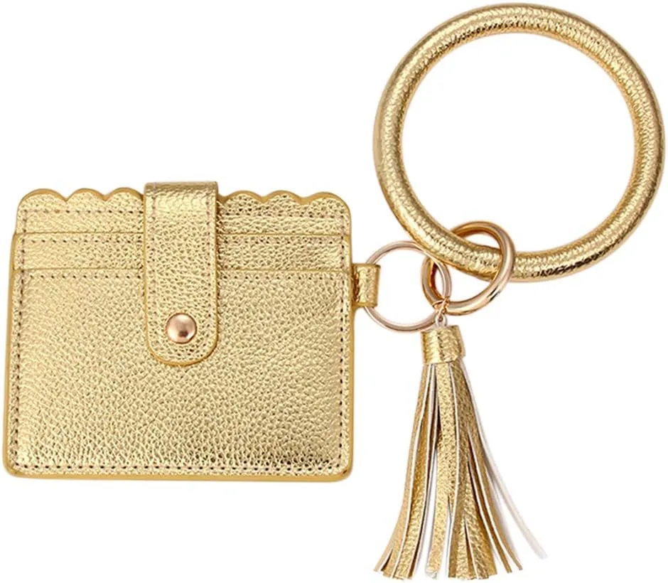 Bangle Keychain Keyring Bracelet Women Round Tassel Faux Leather Key Ring With Wallet Purse Wristlet Card Holder