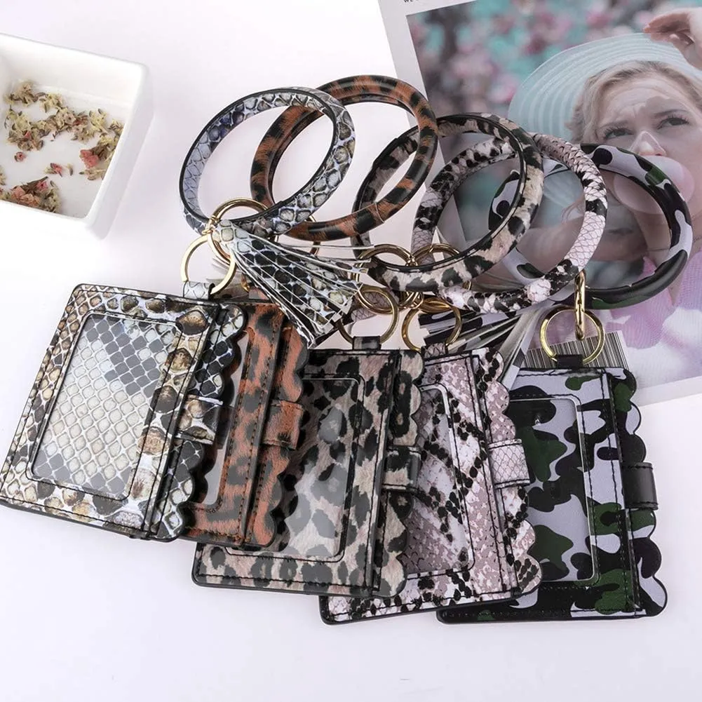 Bangle Keychain Keyring Bracelet Women Round Tassel Faux Leather Key Ring With Wallet Purse Wristlet Card Holder