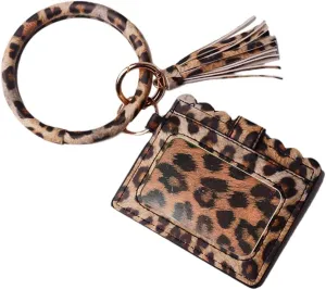 Bangle Keychain Keyring Bracelet Women Round Tassel Faux Leather Key Ring With Wallet Purse Wristlet Card Holder