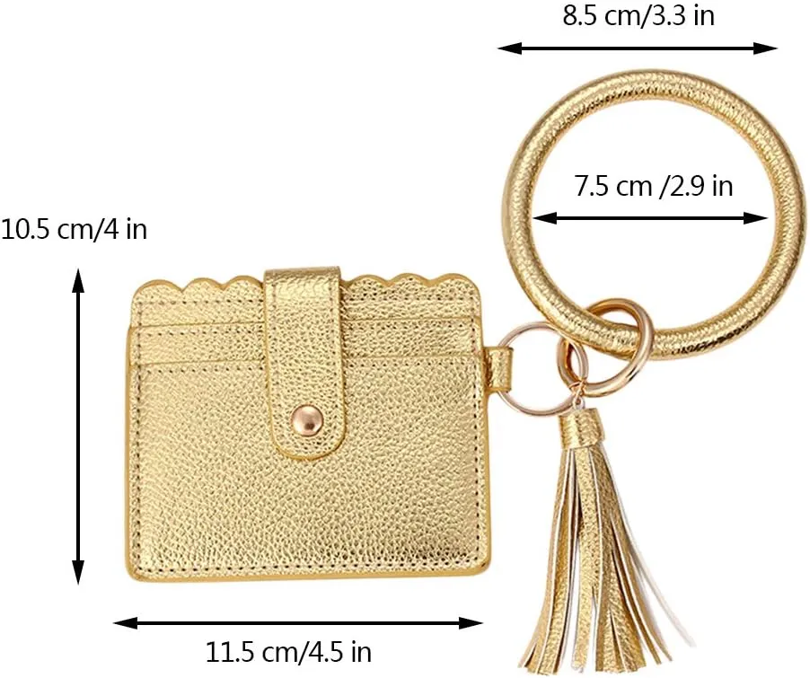 Bangle Keychain Keyring Bracelet Women Round Tassel Faux Leather Key Ring With Wallet Purse Wristlet Card Holder