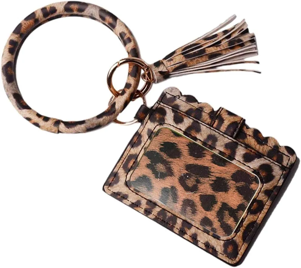 Bangle Keychain Keyring Bracelet Women Round Tassel Faux Leather Key Ring With Wallet Purse Wristlet Card Holder
