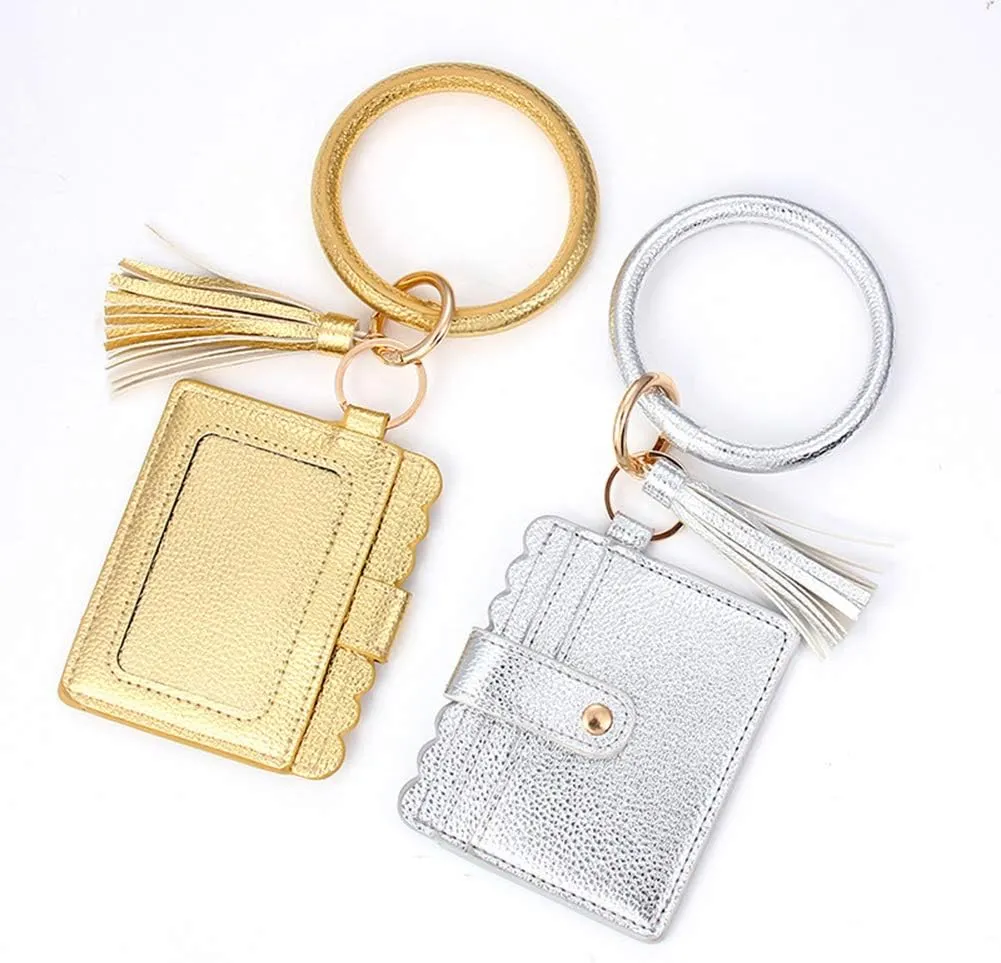 Bangle Keychain Keyring Bracelet Women Round Tassel Faux Leather Key Ring With Wallet Purse Wristlet Card Holder