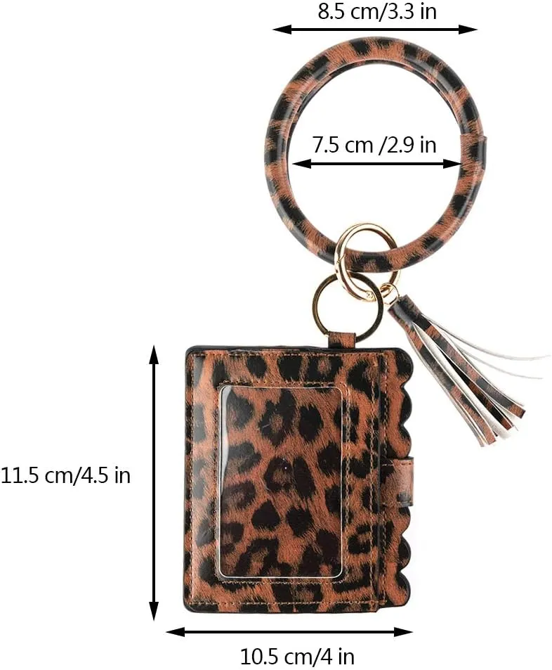 Bangle Keychain Keyring Bracelet Women Round Tassel Faux Leather Key Ring With Wallet Purse Wristlet Card Holder