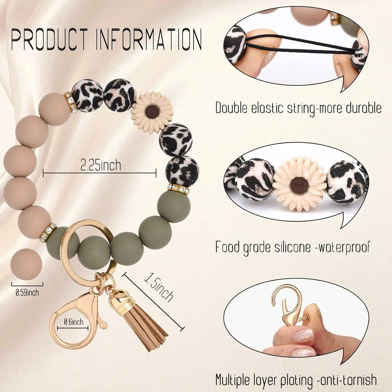 BAOSIWA Silicone Beaded Keychain Wristlet Key Ring Bracelet Cute Car Key Chain Holder for Women Girls