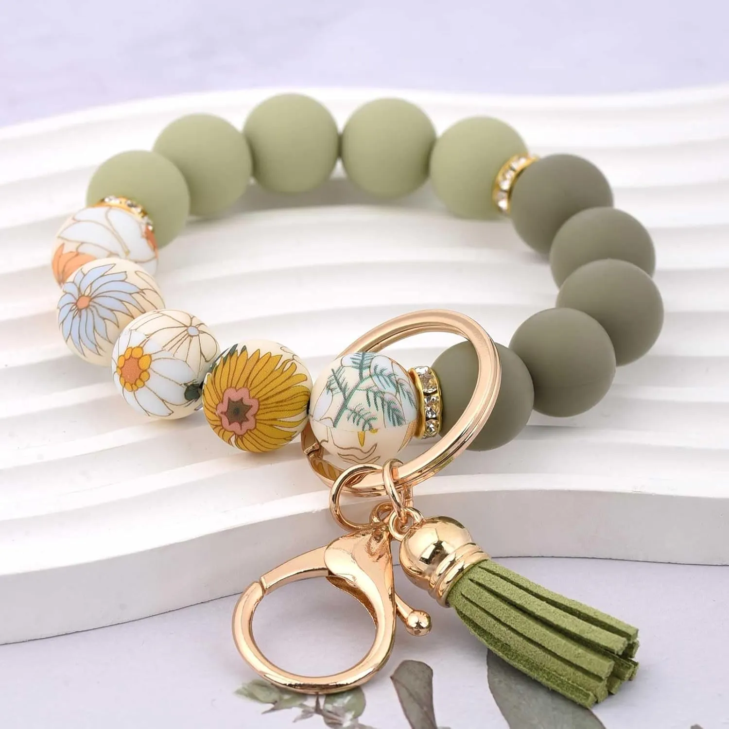 BAOSIWA Silicone Beaded Keychain Wristlet Key Ring Bracelet Cute Car Key Chain Holder for Women Girls