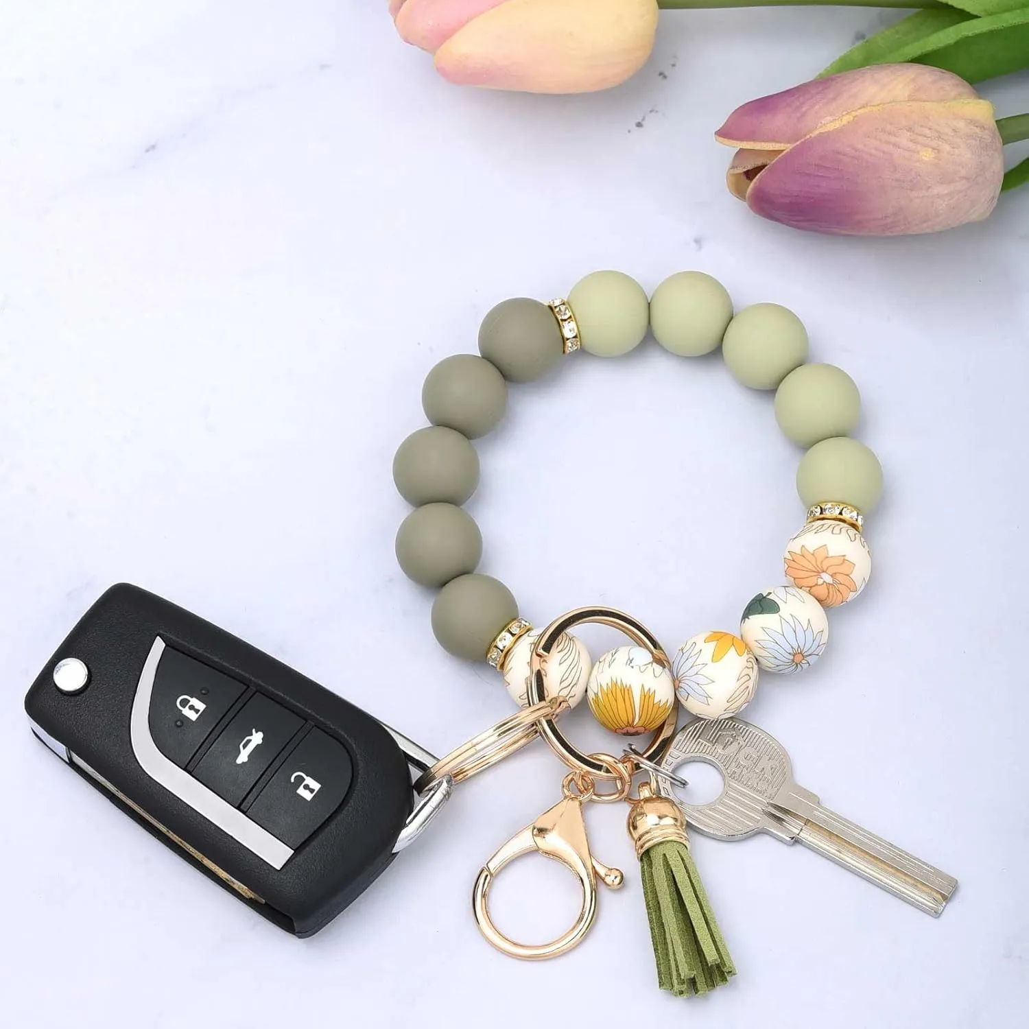 BAOSIWA Silicone Beaded Keychain Wristlet Key Ring Bracelet Cute Car Key Chain Holder for Women Girls