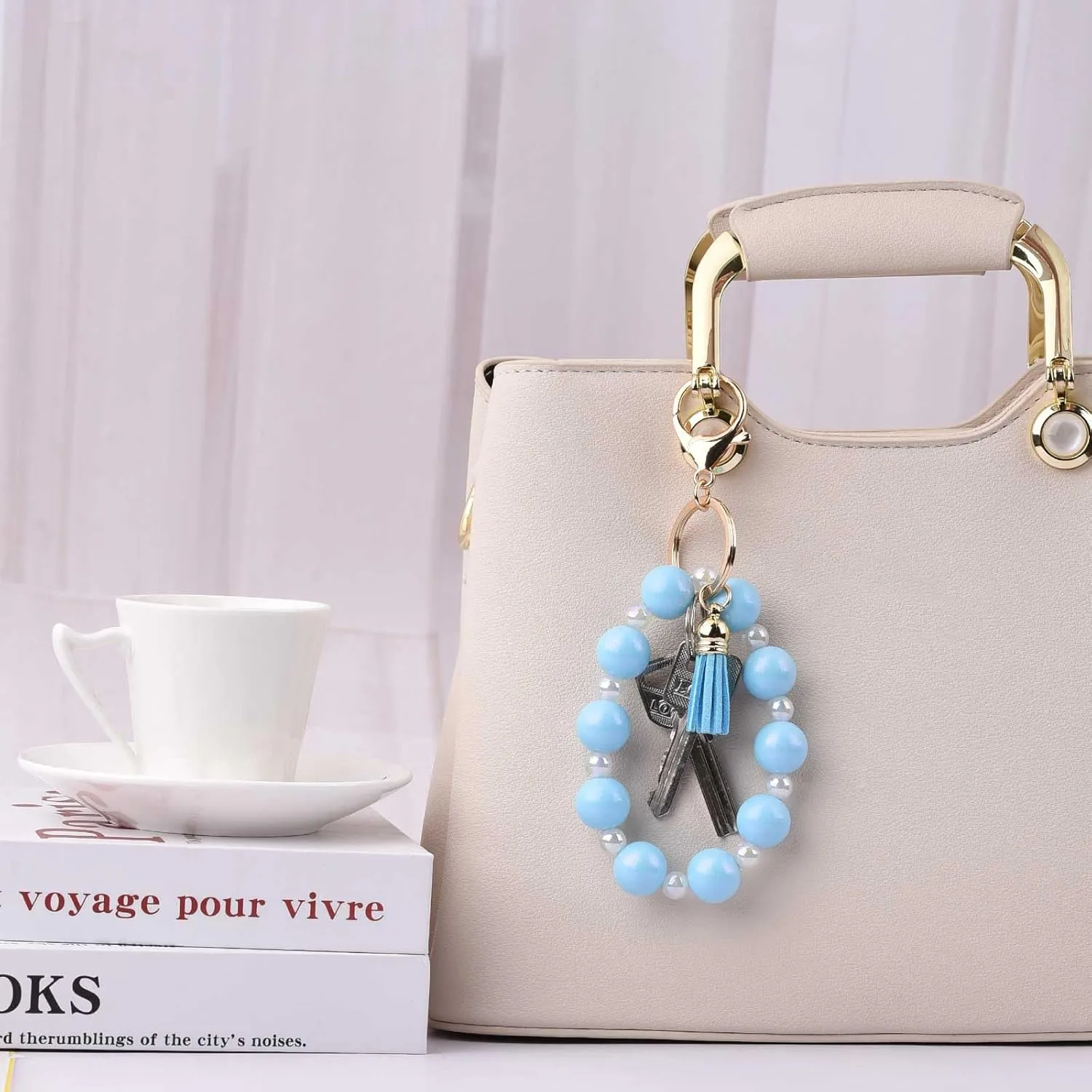 BAOSIWA Silicone Beaded Keychain Wristlet Key Ring Bracelet Cute Car Key Chain Holder with Acrylic Beads for Women Girls