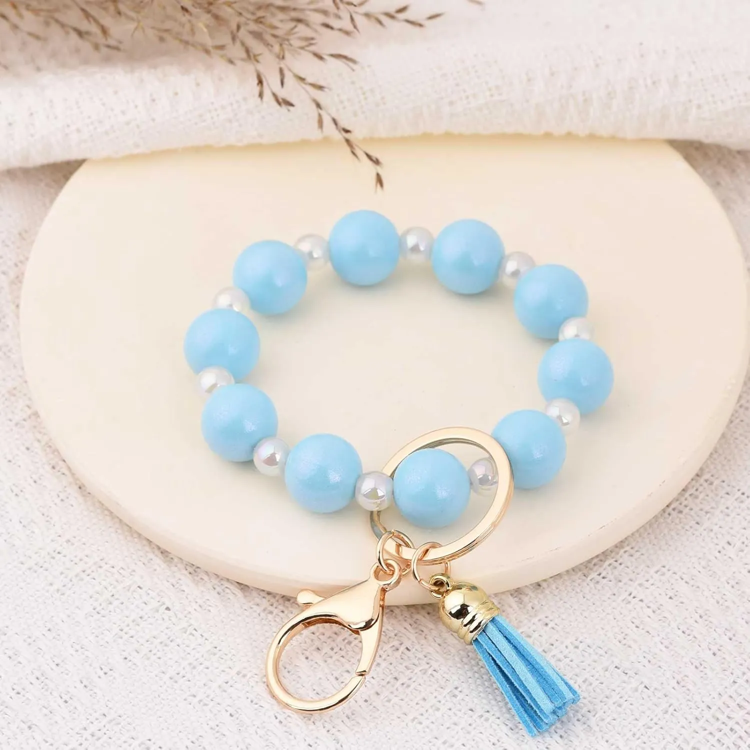 BAOSIWA Silicone Beaded Keychain Wristlet Key Ring Bracelet Cute Car Key Chain Holder with Acrylic Beads for Women Girls