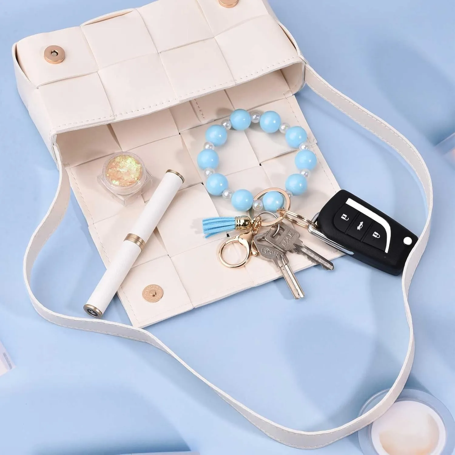 BAOSIWA Silicone Beaded Keychain Wristlet Key Ring Bracelet Cute Car Key Chain Holder with Acrylic Beads for Women Girls