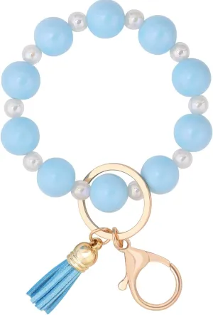 BAOSIWA Silicone Beaded Keychain Wristlet Key Ring Bracelet Cute Car Key Chain Holder with Acrylic Beads for Women Girls