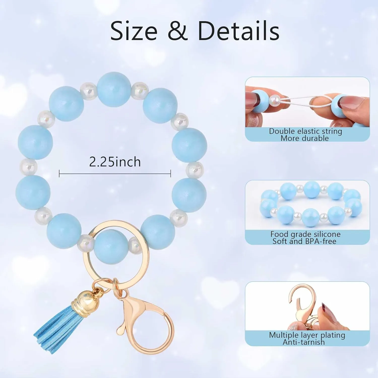 BAOSIWA Silicone Beaded Keychain Wristlet Key Ring Bracelet Cute Car Key Chain Holder with Acrylic Beads for Women Girls