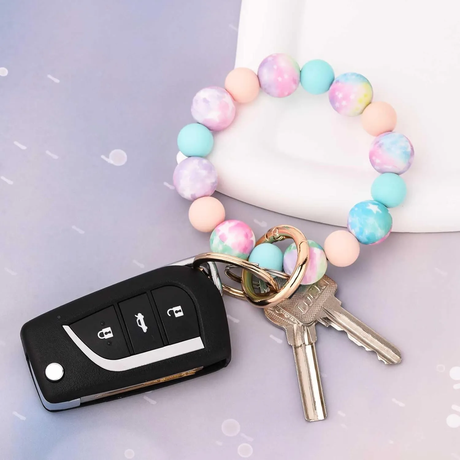 BAOSIWA Silicone Beaded Keychain Wristlet Key Ring Bracelet with 2 Keyrings for Women Girls, Fits for Small Wrist