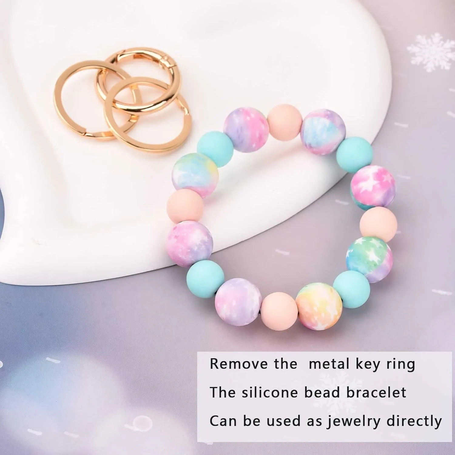 BAOSIWA Silicone Beaded Keychain Wristlet Key Ring Bracelet with 2 Keyrings for Women Girls, Fits for Small Wrist