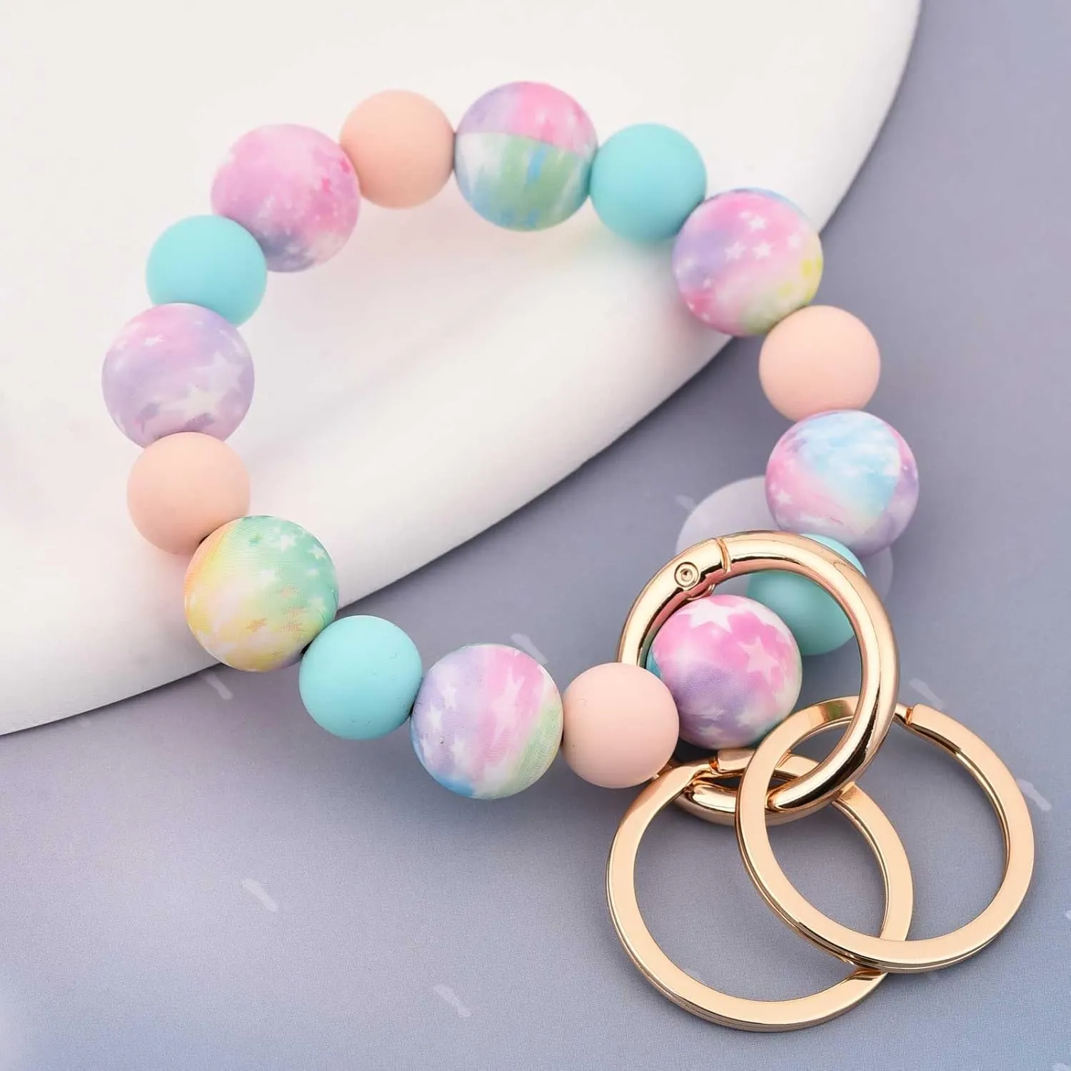 BAOSIWA Silicone Beaded Keychain Wristlet Key Ring Bracelet with 2 Keyrings for Women Girls, Fits for Small Wrist