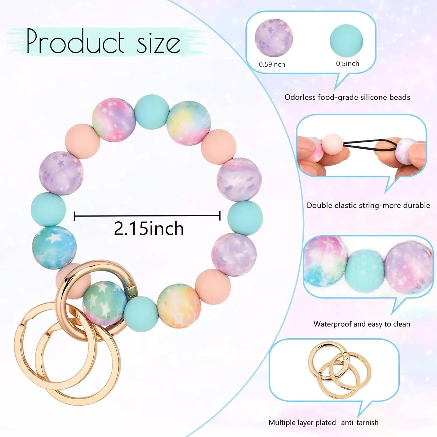 BAOSIWA Silicone Beaded Keychain Wristlet Key Ring Bracelet with 2 Keyrings for Women Girls, Fits for Small Wrist