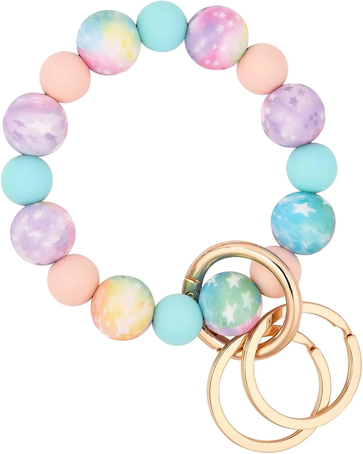 BAOSIWA Silicone Beaded Keychain Wristlet Key Ring Bracelet with 2 Keyrings for Women Girls, Fits for Small Wrist