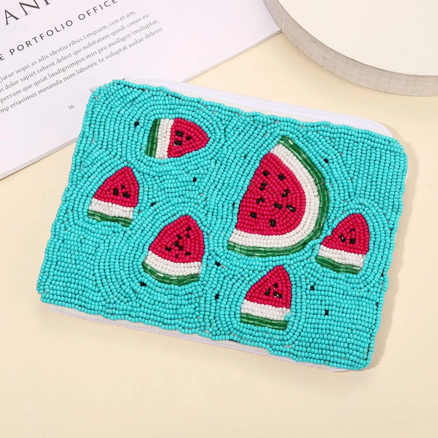Beaded Coin Purse Pouch Summer Sunshine Watermelon Fruit Coin Purse Handmade Small Change Purse Wallet with Zippers Summer Beach Accessories Gifts (Watermelon A)