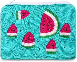 Beaded Coin Purse Pouch Summer Sunshine Watermelon Fruit Coin Purse Handmade Small Change Purse Wallet with Zippers Summer Beach Accessories Gifts (Watermelon A)