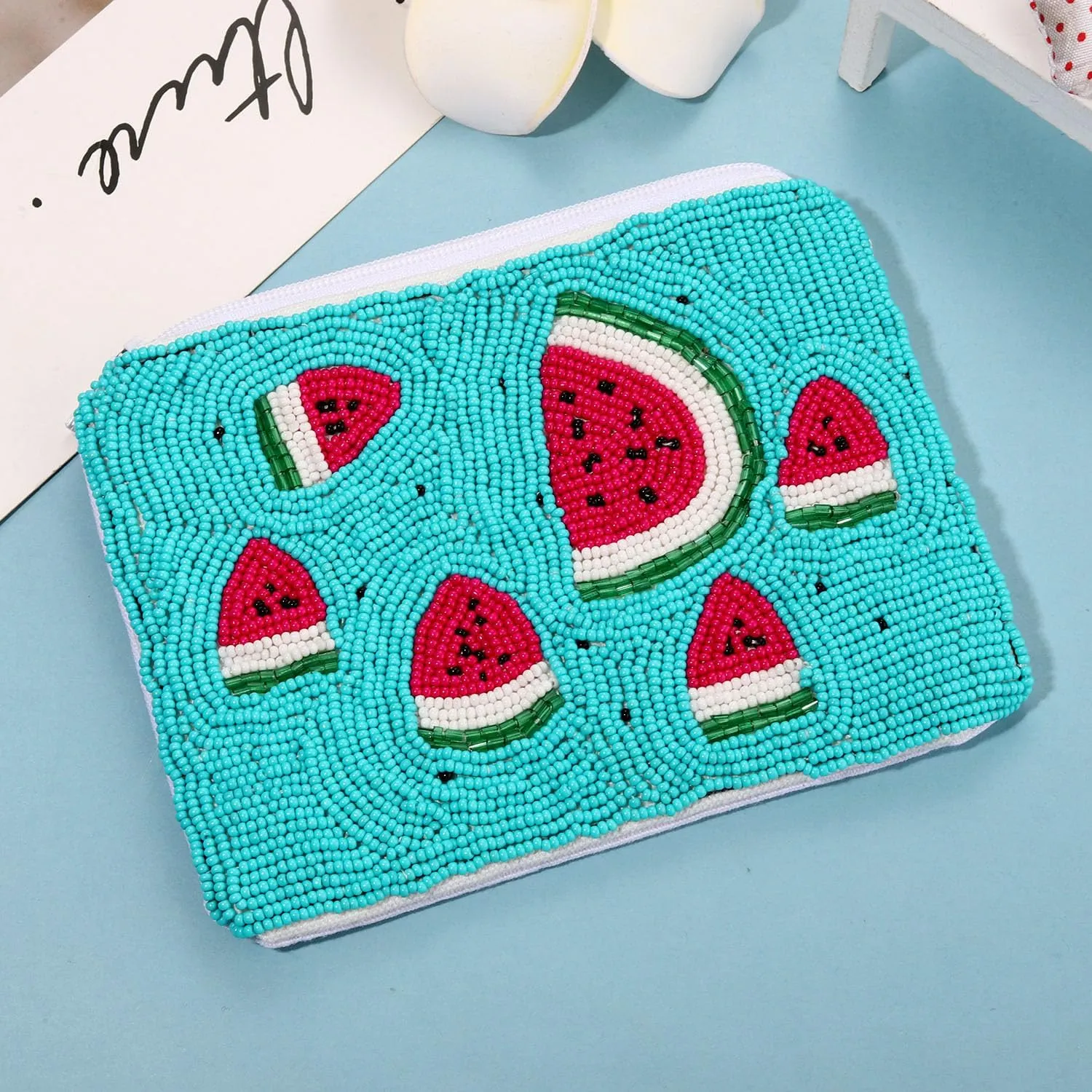 Beaded Coin Purse Pouch Summer Sunshine Watermelon Fruit Coin Purse Handmade Small Change Purse Wallet with Zippers Summer Beach Accessories Gifts (Watermelon A)
