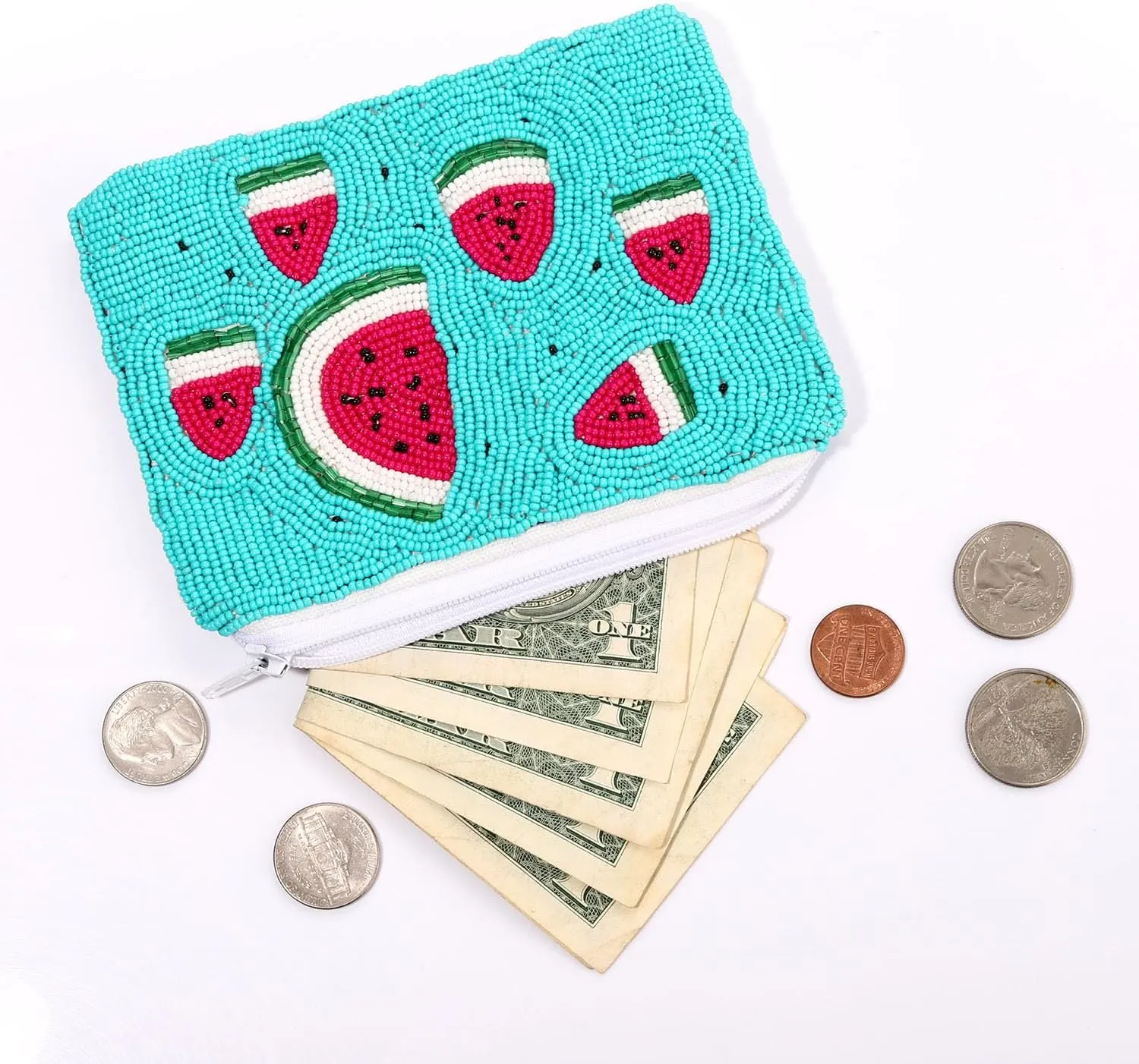 Beaded Coin Purse Pouch Summer Sunshine Watermelon Fruit Coin Purse Handmade Small Change Purse Wallet with Zippers Summer Beach Accessories Gifts (Watermelon A)