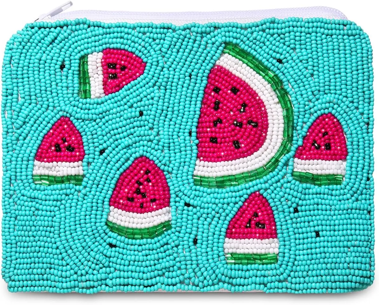 Beaded Coin Purse Pouch Summer Sunshine Watermelon Fruit Coin Purse Handmade Small Change Purse Wallet with Zippers Summer Beach Accessories Gifts (Watermelon A)